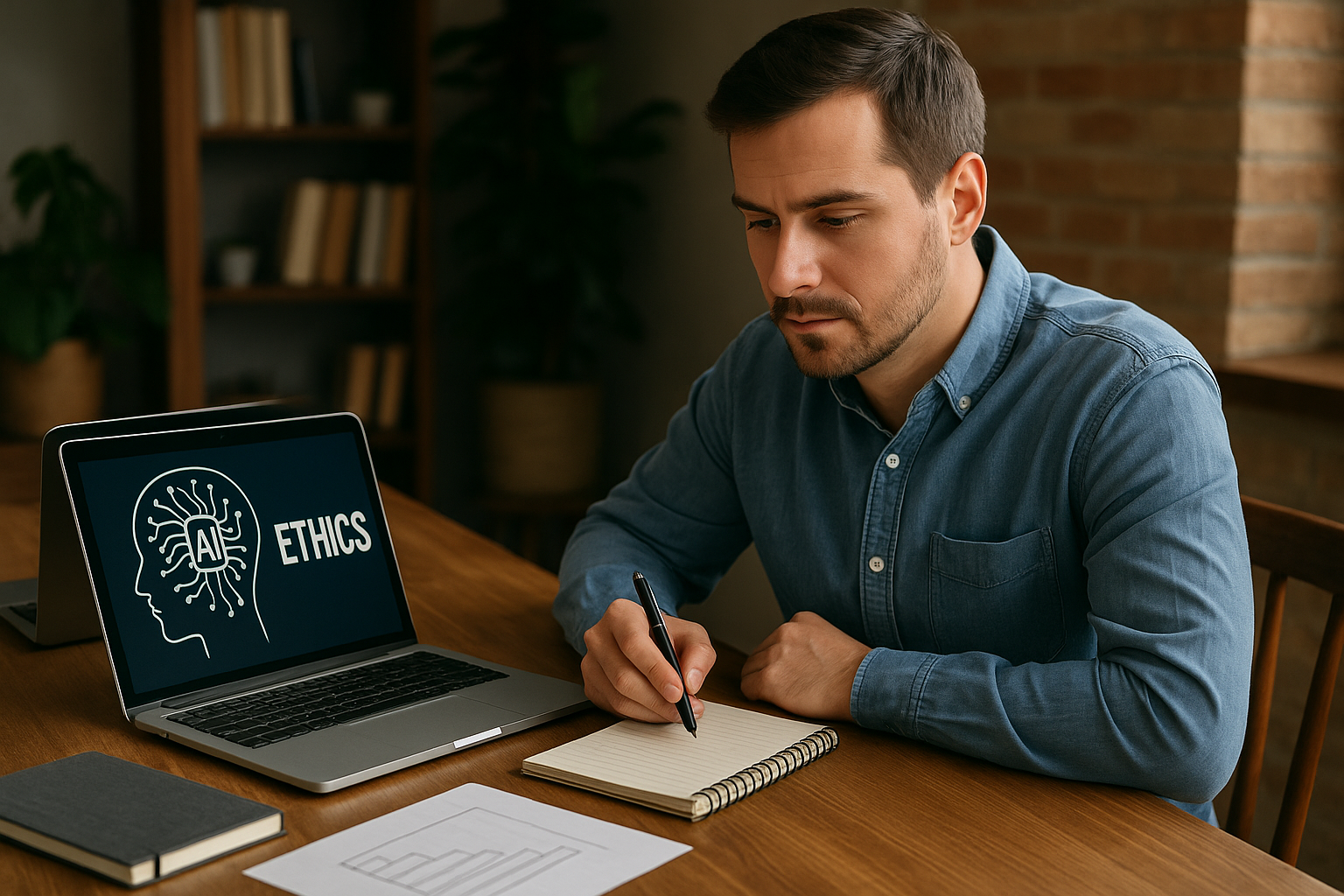 Man in blue shirt writing in a notebook next to a laptop displaying a digital head graphic with "AI ETHICS" text.