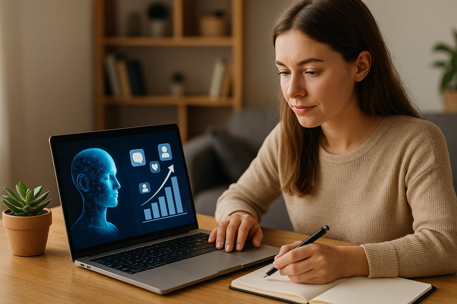 A distinctive real-world AI income strategies for beginners scene directly illustrating Using AI to Automate Social Media Marketing for Consistent Income Growth.