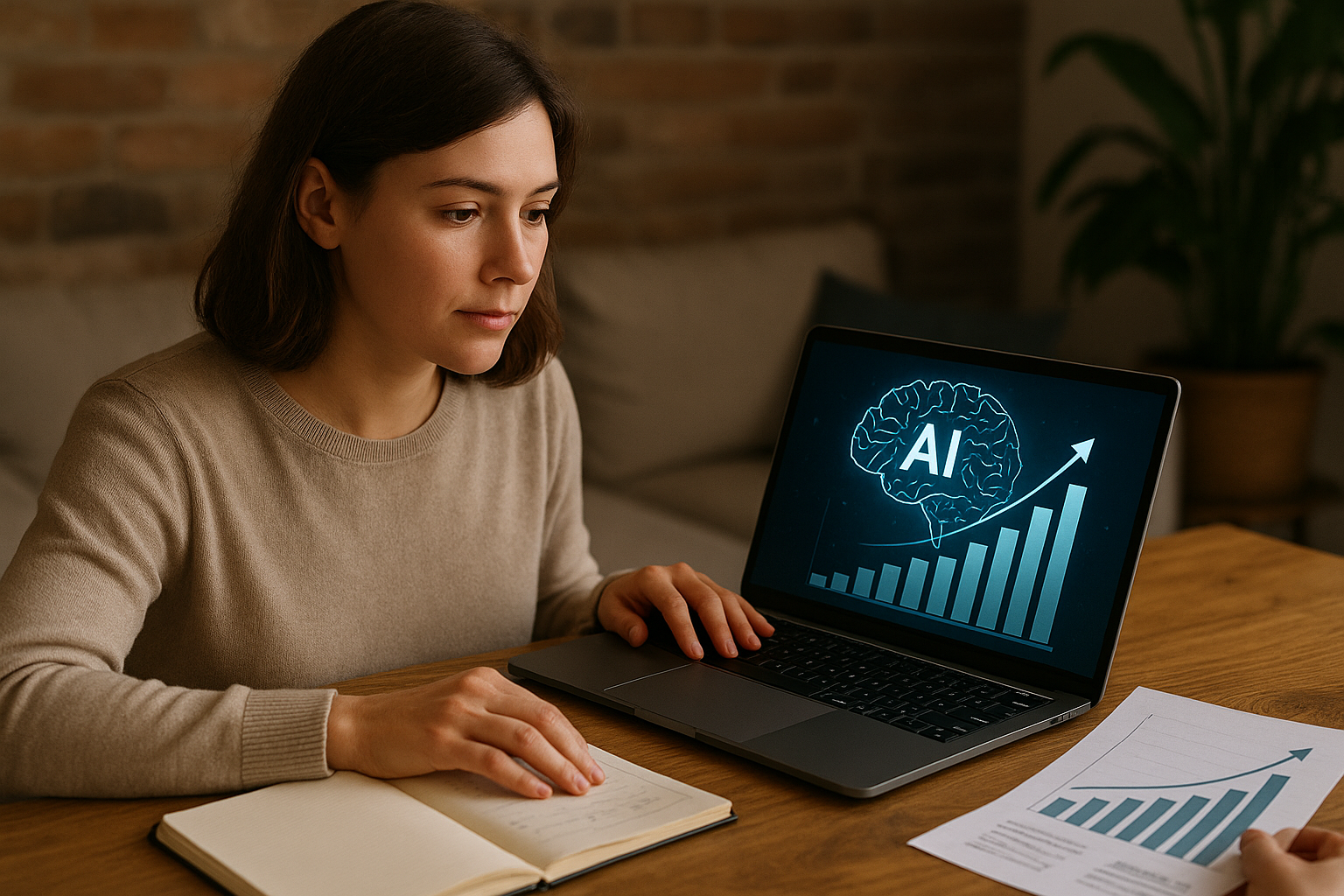 Person sitting at a table with an open notebook and a laptop showing a brain labeled AI and an upward trending graph.