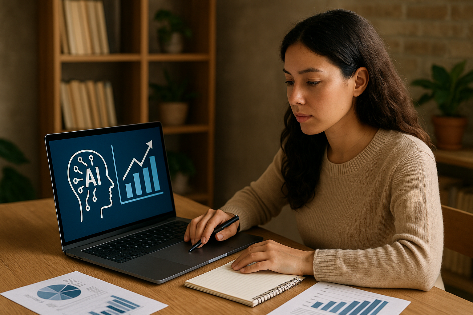 Person sitting at desk using a laptop showing AI and upward-trending graph, with notes and charts on the table.