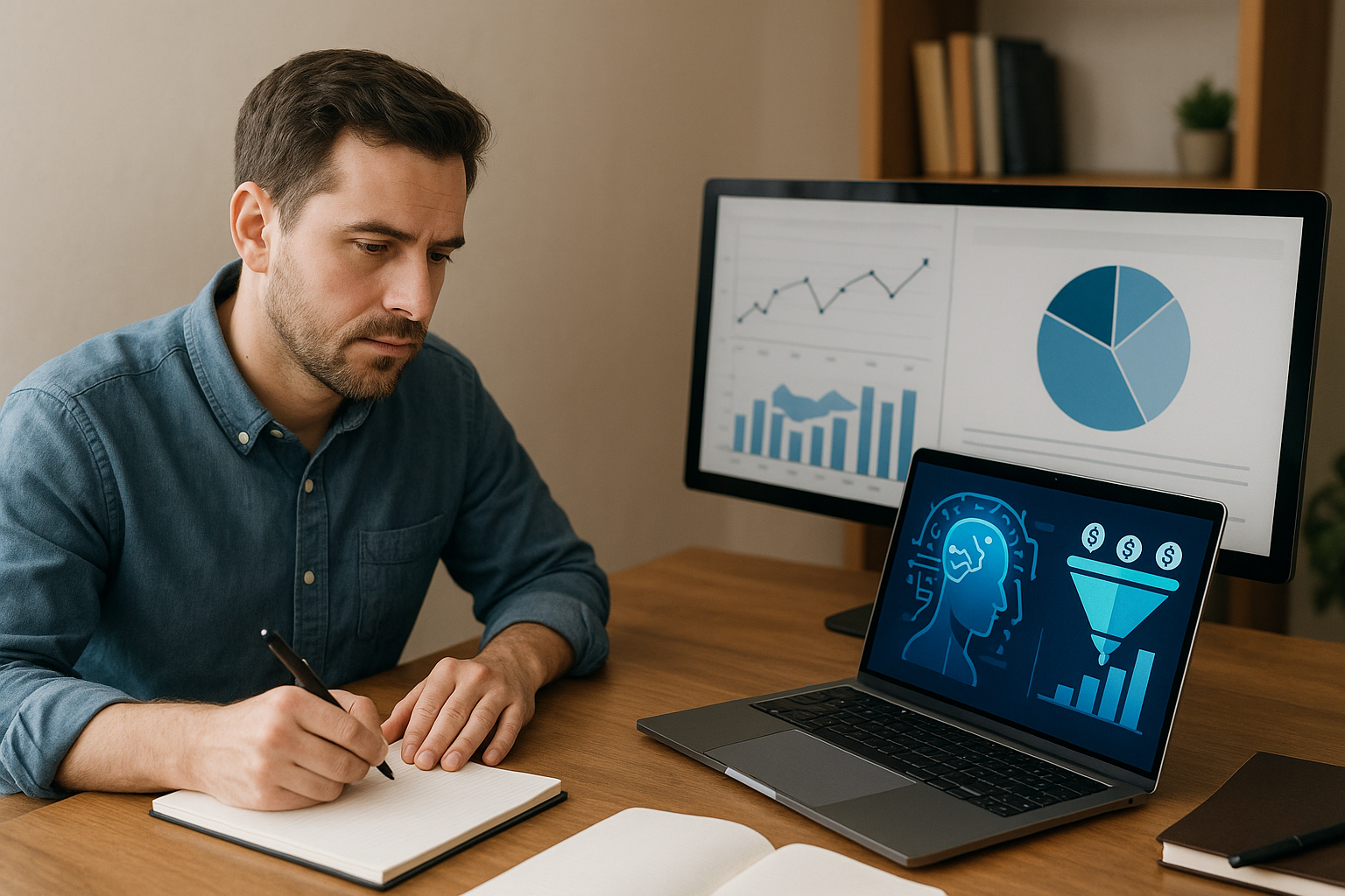 Man in blue shirt writing in notebook at desk with laptop showing AI brain graphic and sales funnel, and monitor displaying charts.