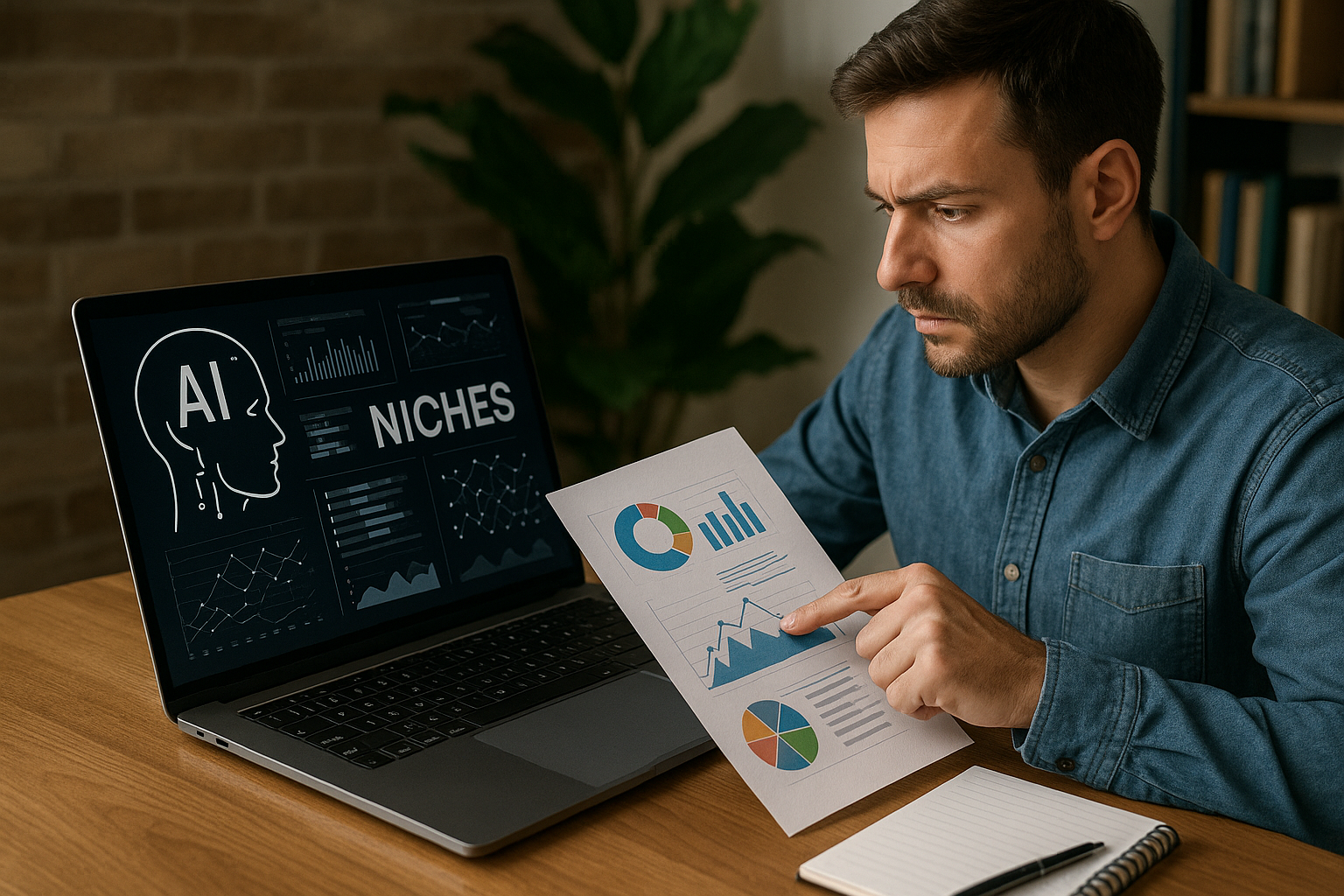 Man examining printed graphs while sitting at a desk with a laptop displaying AI niches data.