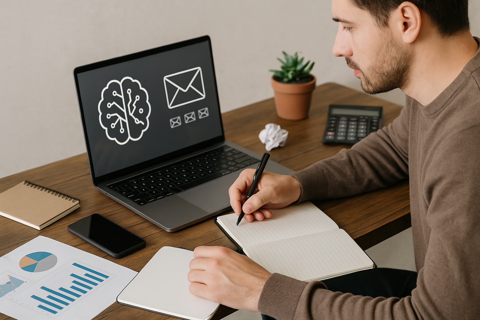 Person writing in an open notebook next to a laptop displaying a brain and email icons on the screen.