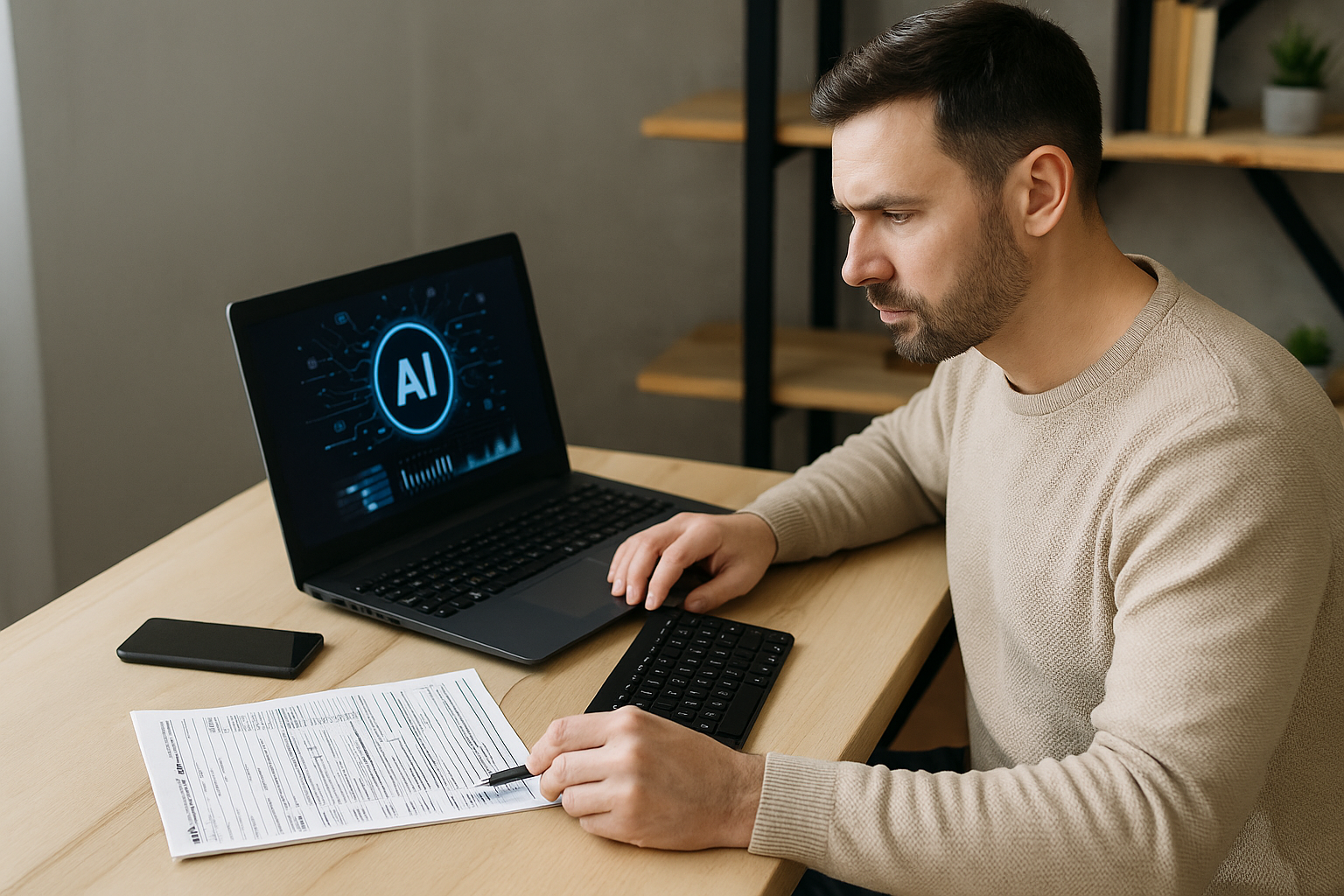 Man in beige sweater sitting at a desk reviewing a paper form with a pen while looking at a laptop screen displaying an AI graphic.