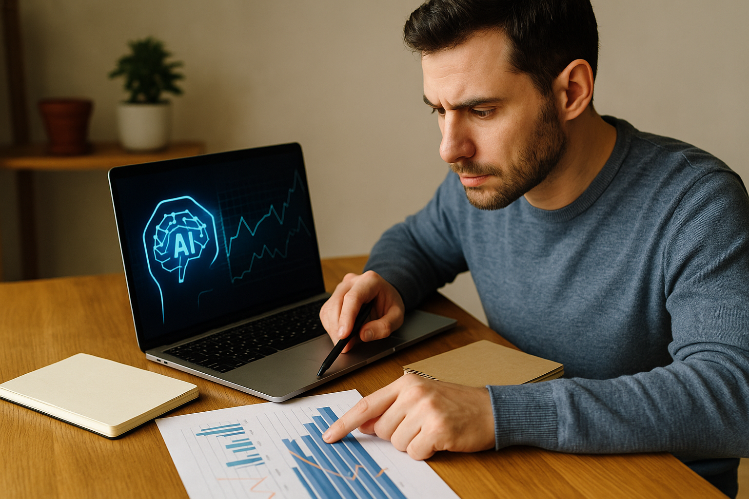 Man in a blue sweater analyzing printed bar charts while pointing with finger and holding a pen near a laptop screen showing AI brain graphic and charts.