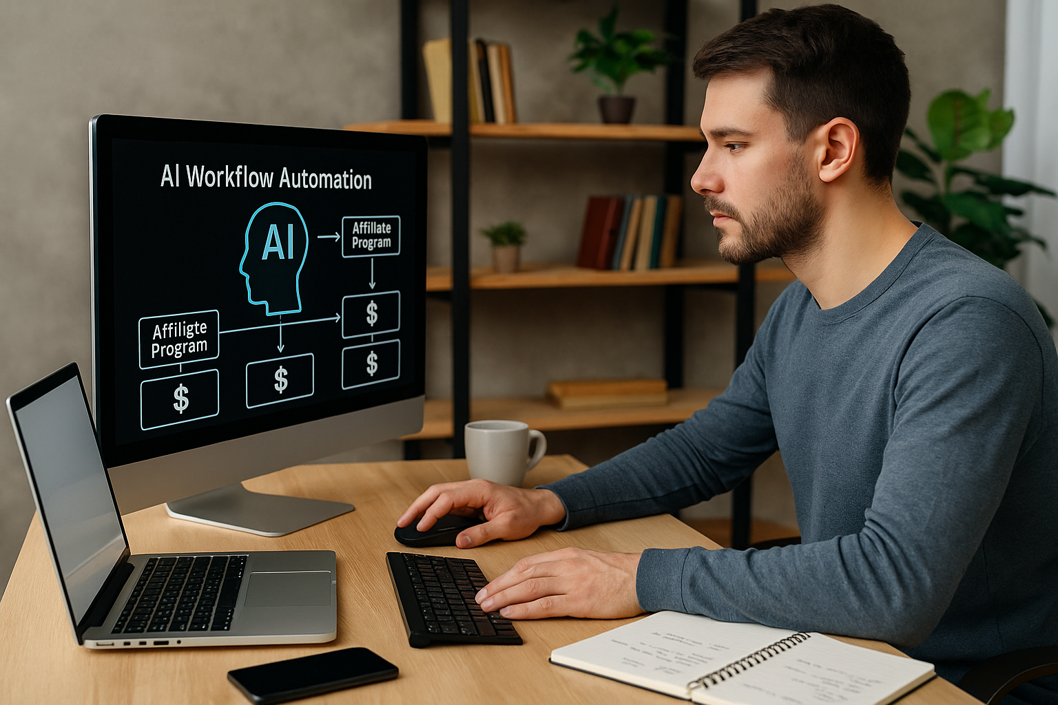 Person sitting at a desk looking at a computer screen displaying a flowchart about AI workflow automation and affiliate programs.