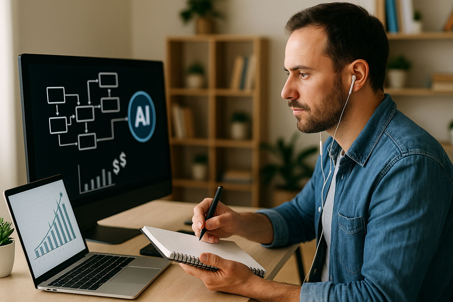 Man wearing earphones taking notes while looking at a laptop with a growth graph and a monitor displaying an AI workflow diagram.