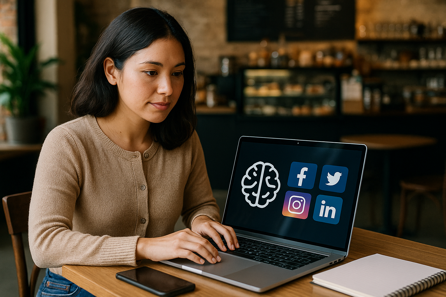 Person sitting at a table with a laptop displaying icons of a brain and social media apps Facebook, Twitter, Instagram, and LinkedIn.