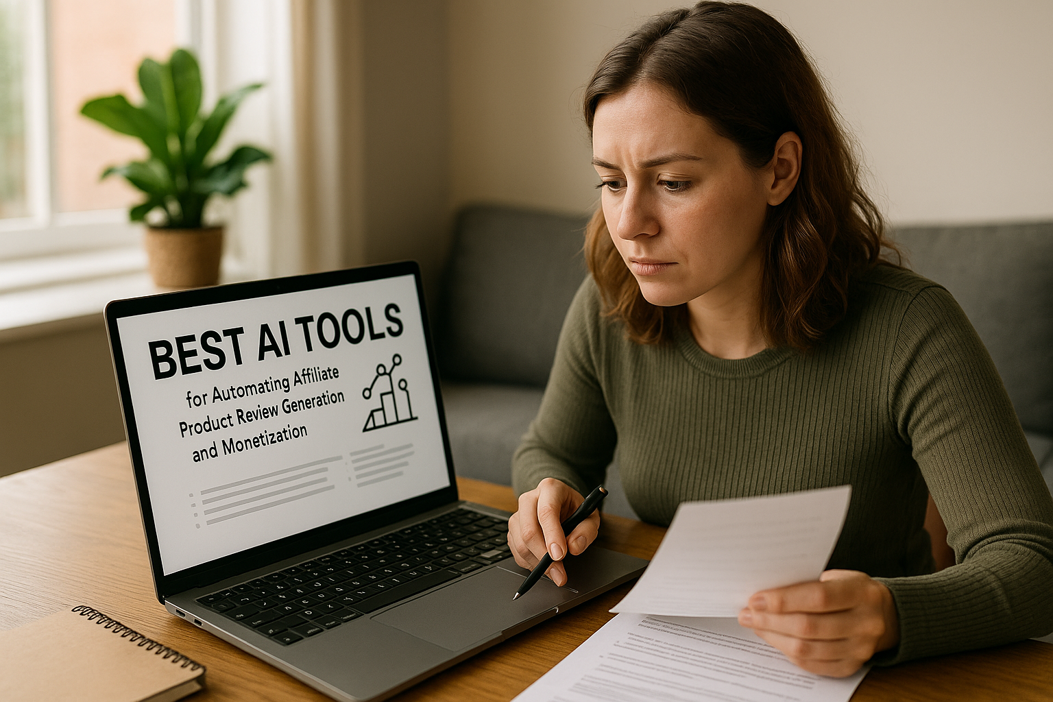 A woman in a green sweater sitting at a table holding papers and a pen, looking at a laptop screen displaying text about AI tools.