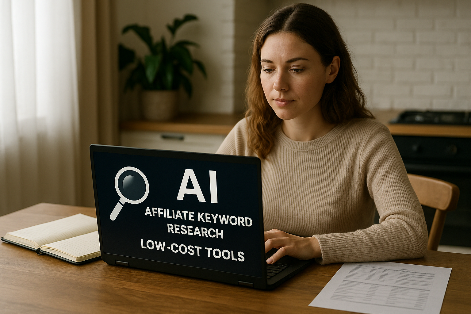 Woman sitting at a table using a laptop displaying text about AI affiliate keyword research low-cost tools.