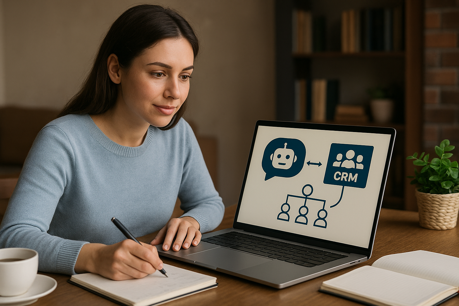 Person writing notes while looking at a laptop screen showing chatbot and CRM integration icons.