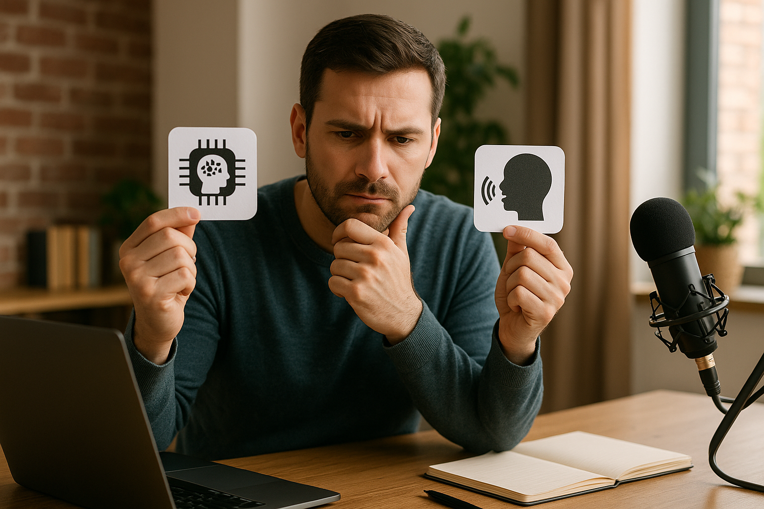 Man sitting at desk with laptop and microphone, holding two cards showing a microchip with a head and a speaking head icon.
