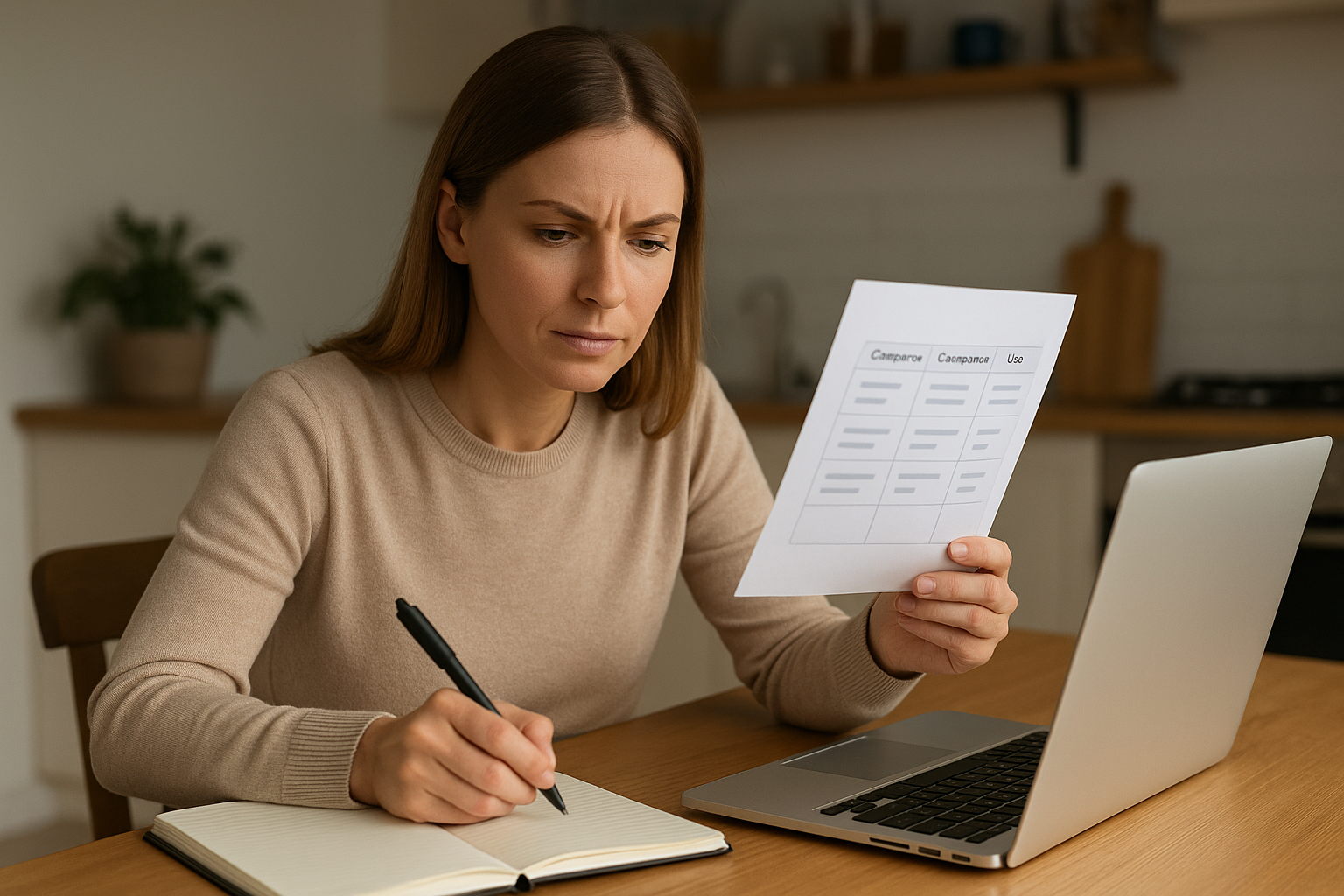 Woman in beige sweater reviewing a printed comparison chart while taking notes by a laptop on a wooden table.