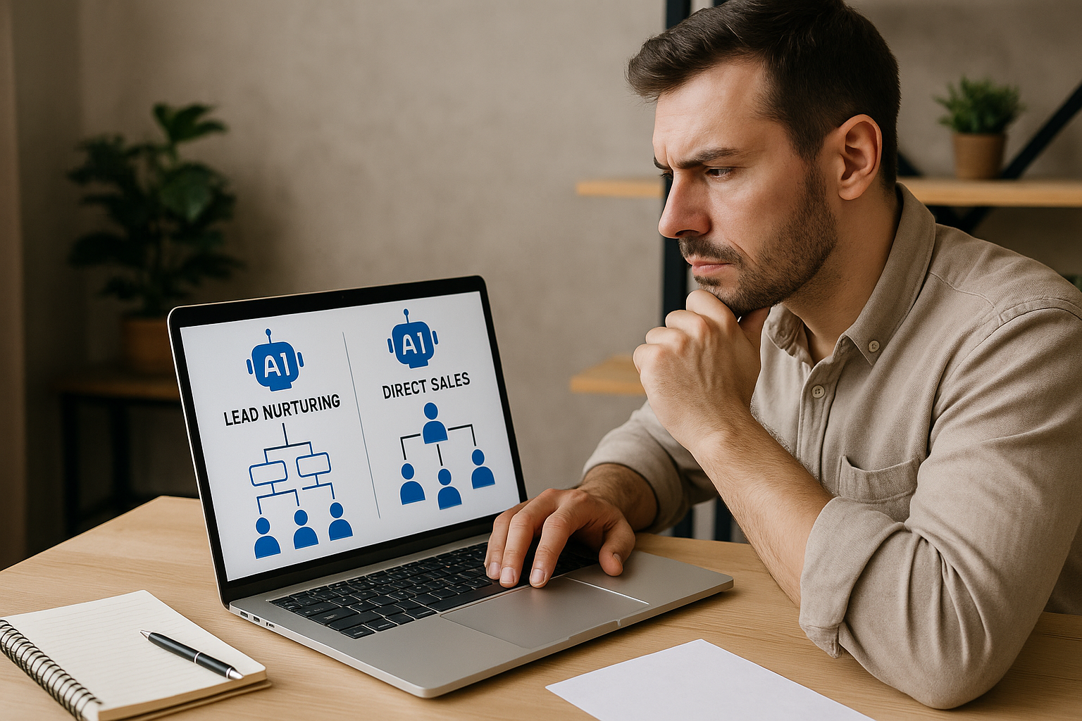 Man with hand on chin studying laptop screen showing AI chatbot comparison of lead nurturing and direct sales diagrams.