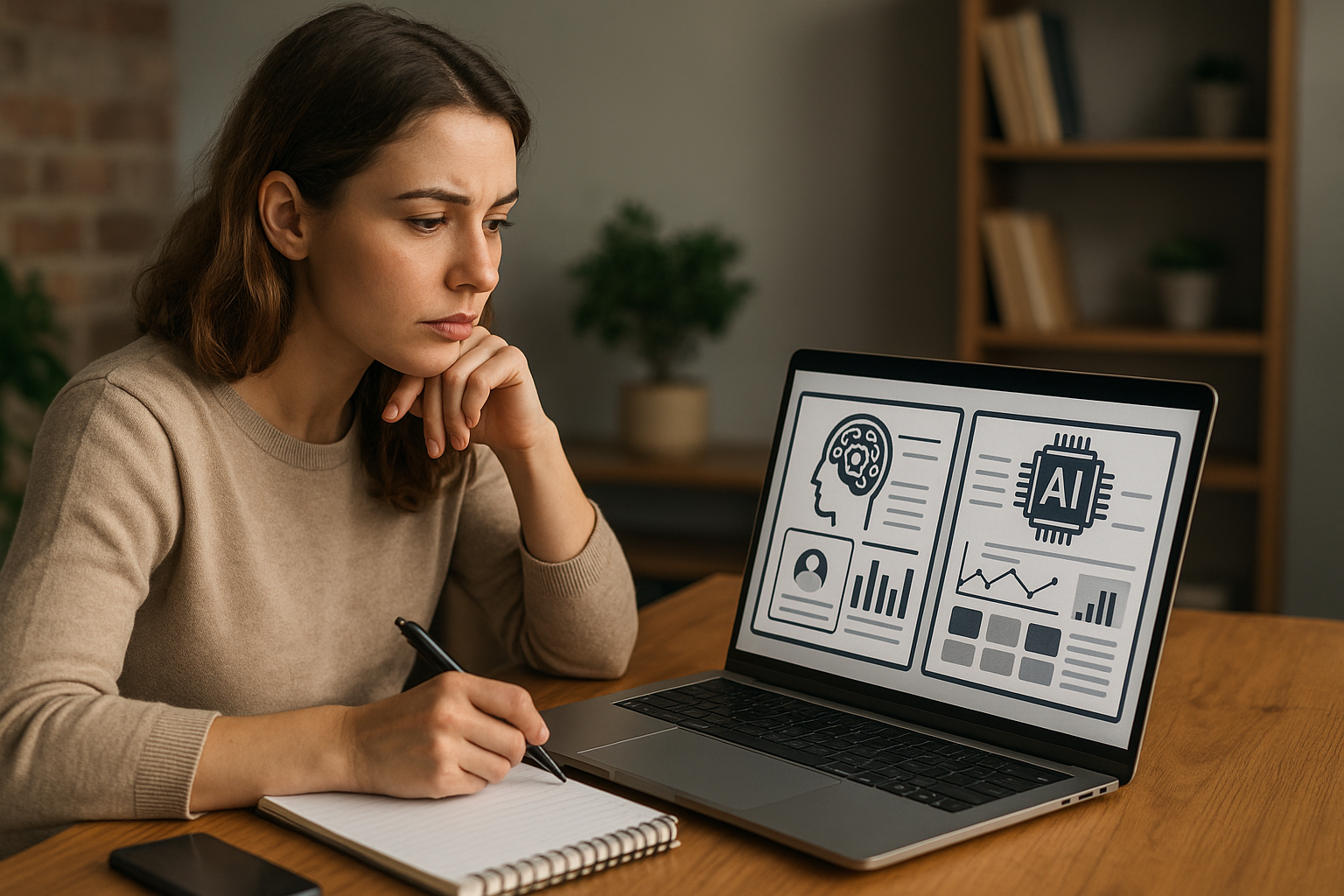 Person sitting at a table using a laptop displaying AI and brain graphics while writing in a notebook.