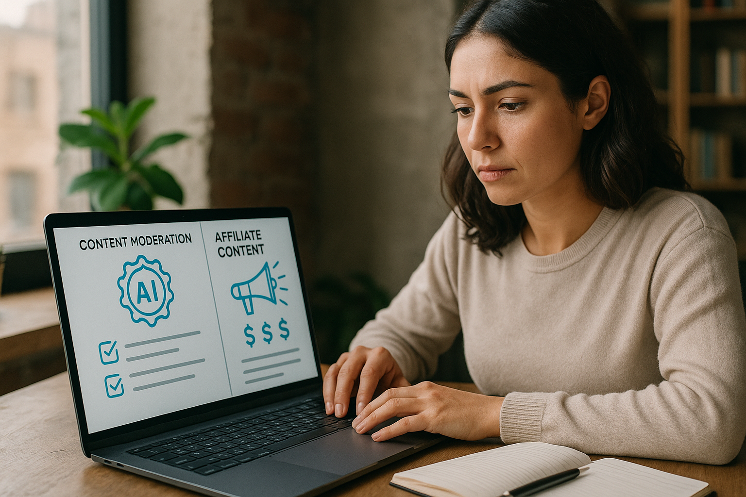 Person typing on a laptop displaying content moderation and affiliate content icons with checklists and dollar signs.