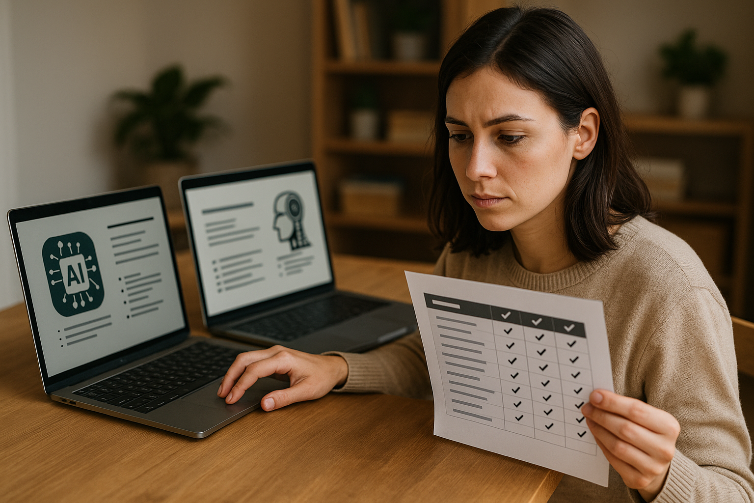 Person comparing checklists on paper and laptops displaying AI icons at a wooden table.