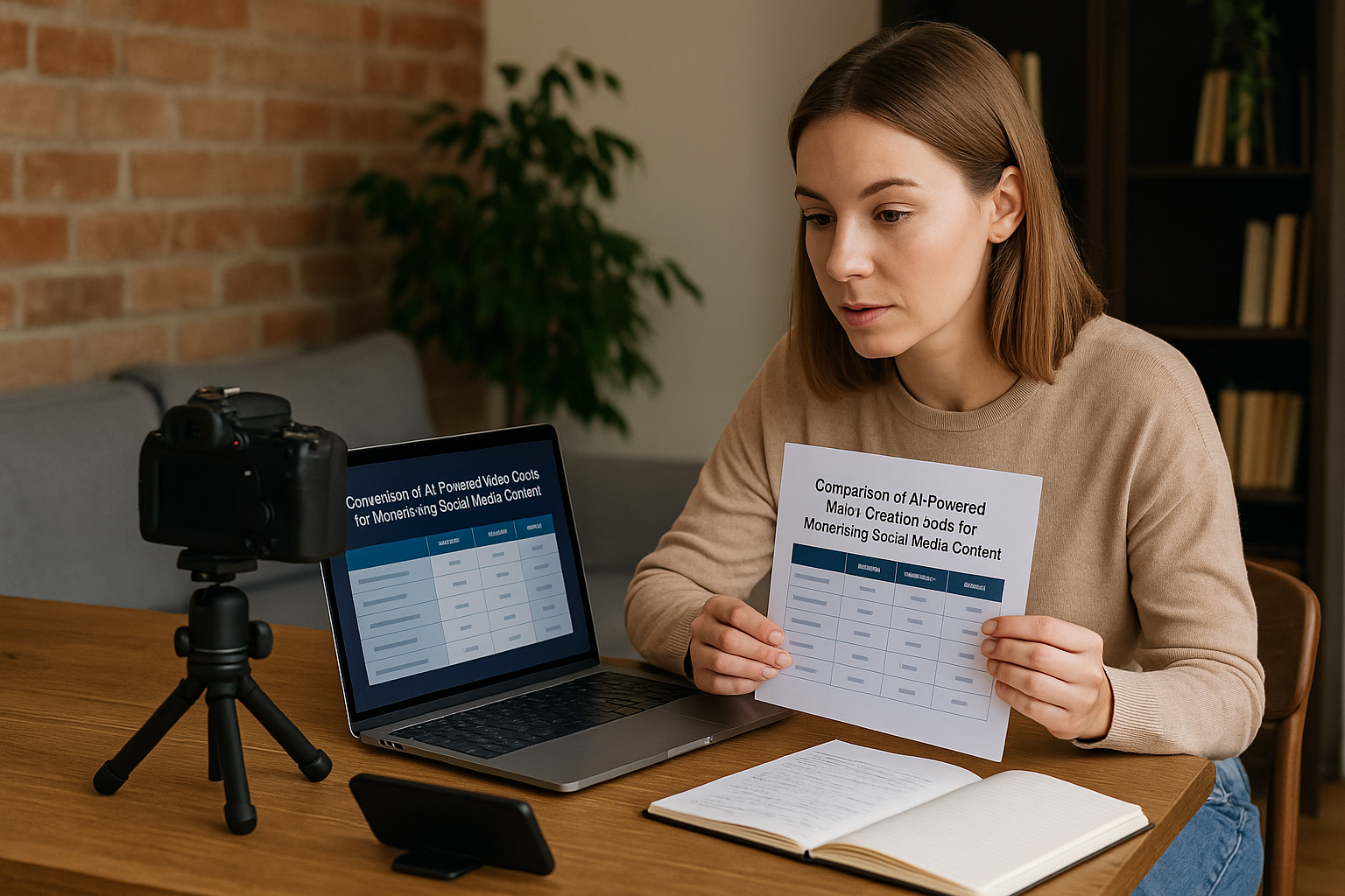Woman sitting at a table holding a printed comparison chart in front of a camera and laptop displaying the same chart.