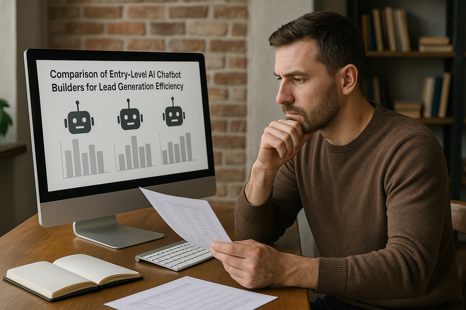 Man in brown sweater looking at documents and a desktop screen showing a comparison chart of AI chatbots for lead generation efficiency.