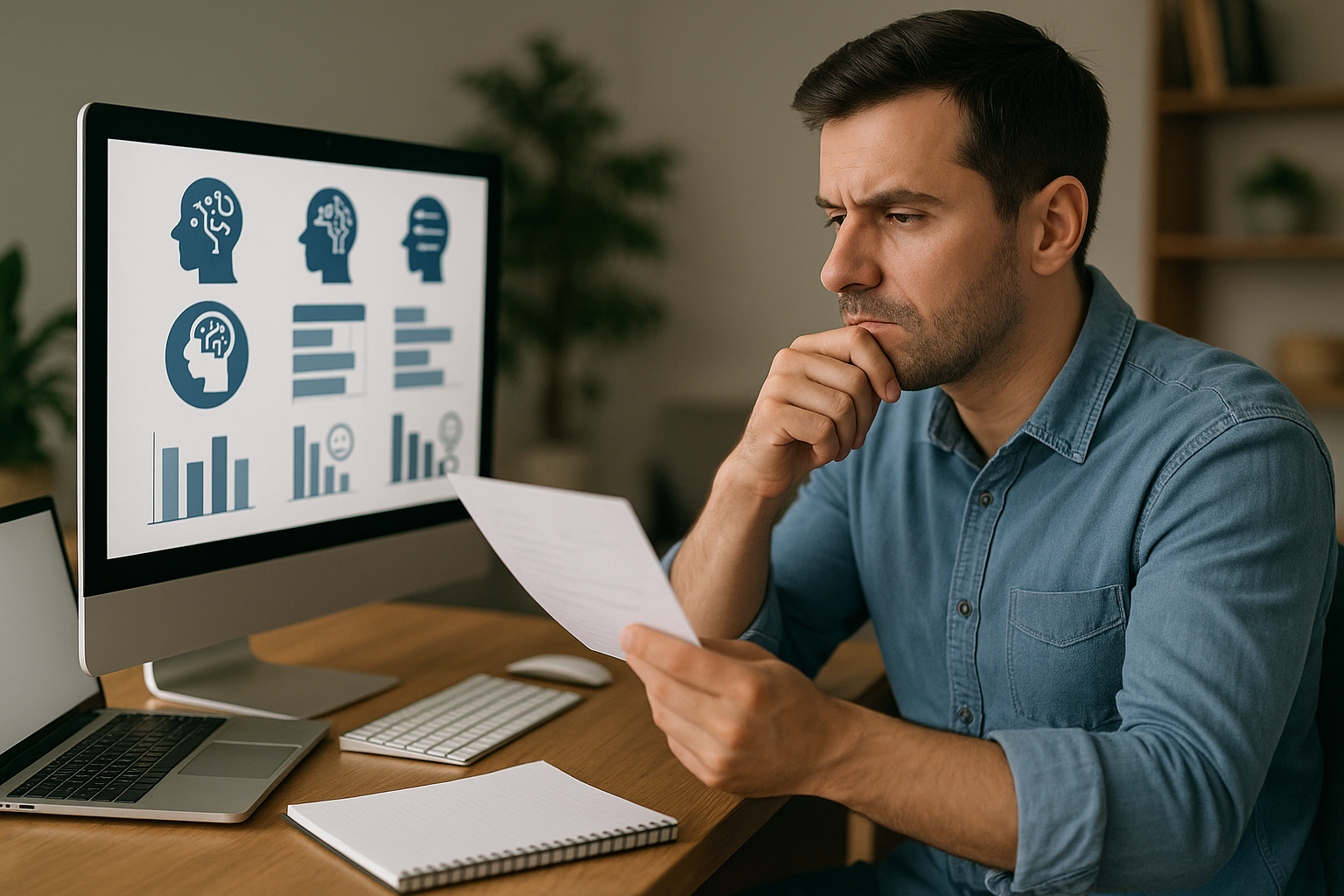 Man in a blue shirt sitting at a desk, holding a paper and looking thoughtfully at a computer screen displaying charts and head icons.