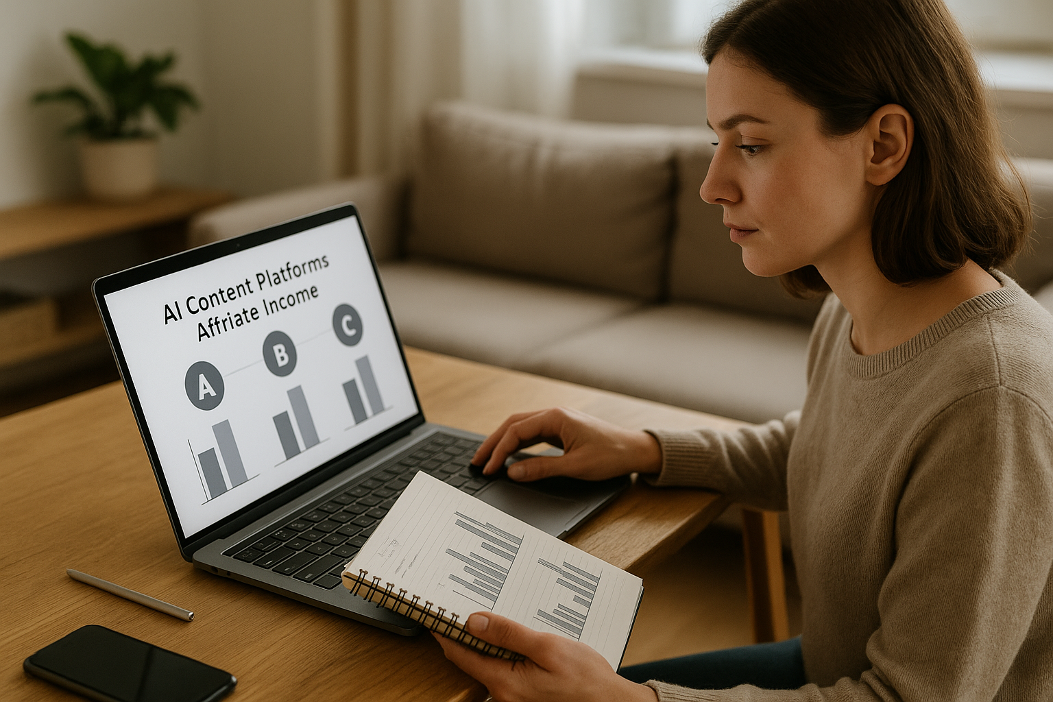 Person holding a notebook with bar charts while looking at a laptop screen displaying a comparison of AI content platforms for affiliate income.
