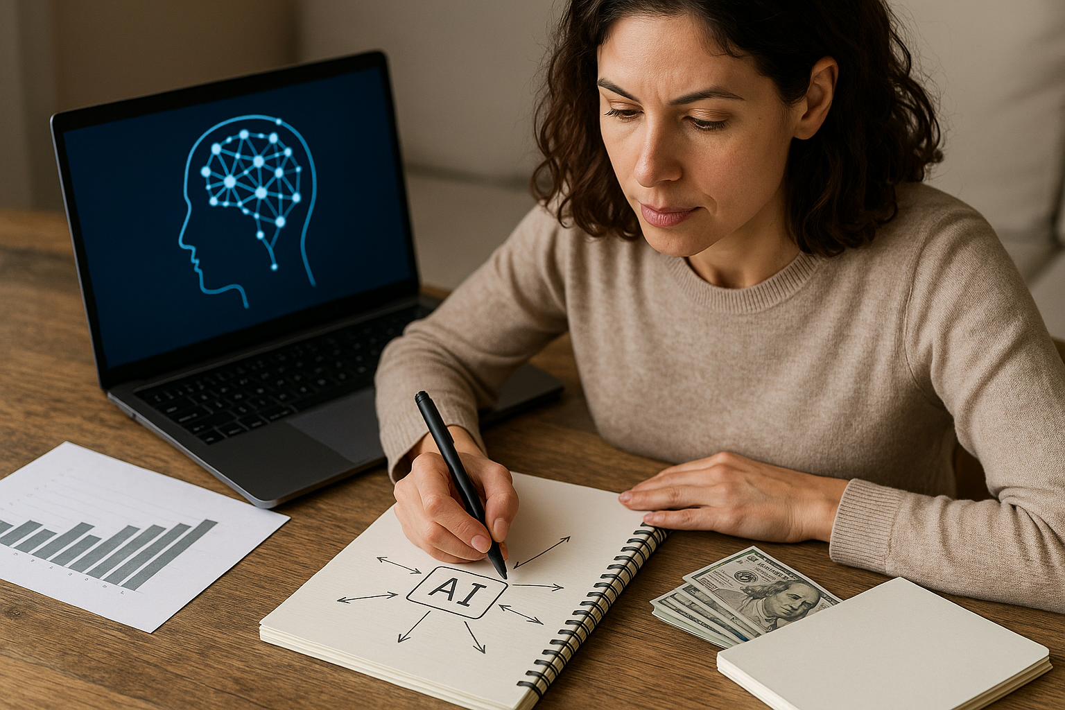 Person writing AI in a notebook with arrows pointing outward, laptop with brain network graphic, money, and bar chart on table.