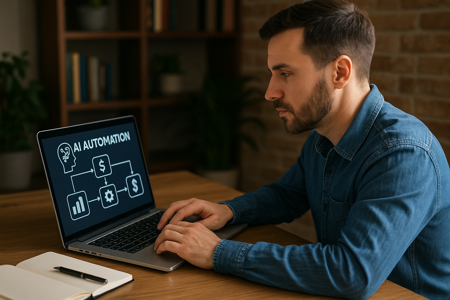 Man in a blue shirt working on a laptop displaying an AI automation flowchart with money and gear icons.