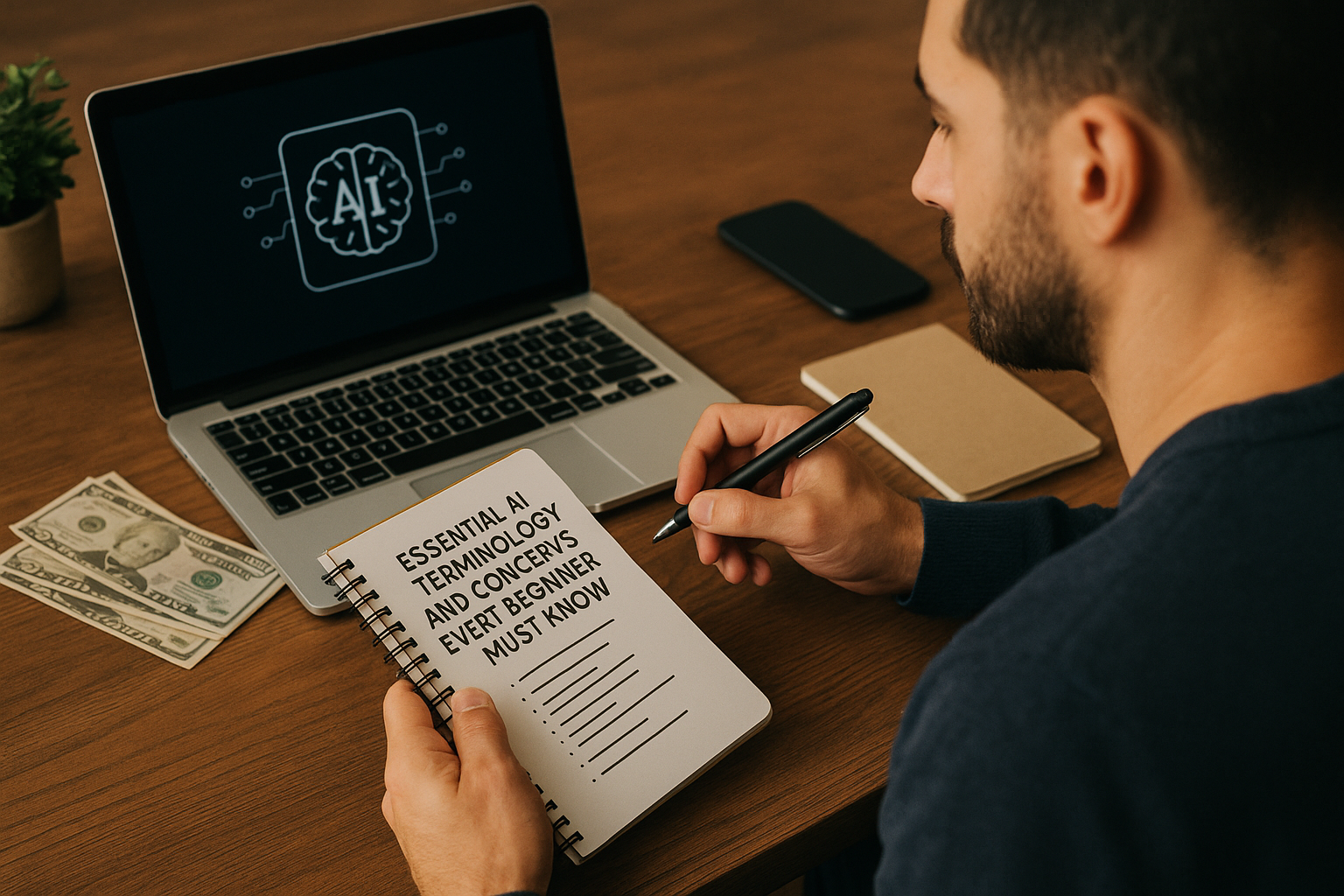 Man holding pen and notebook showing text about essential AI terminology, with laptop displaying AI brain icon on desk.