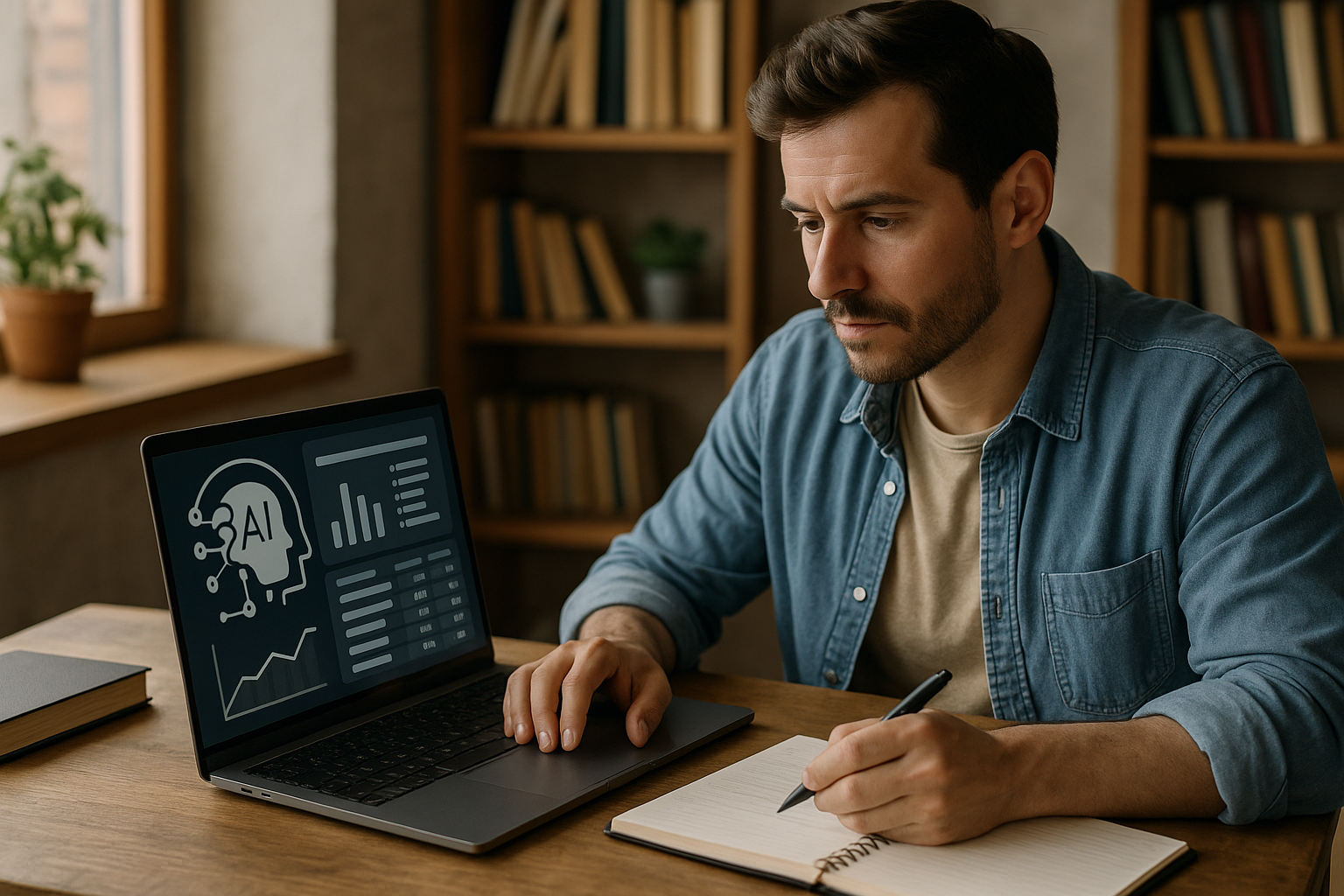 Man sitting at a desk using a laptop showing AI data visuals while writing notes in a notebook.