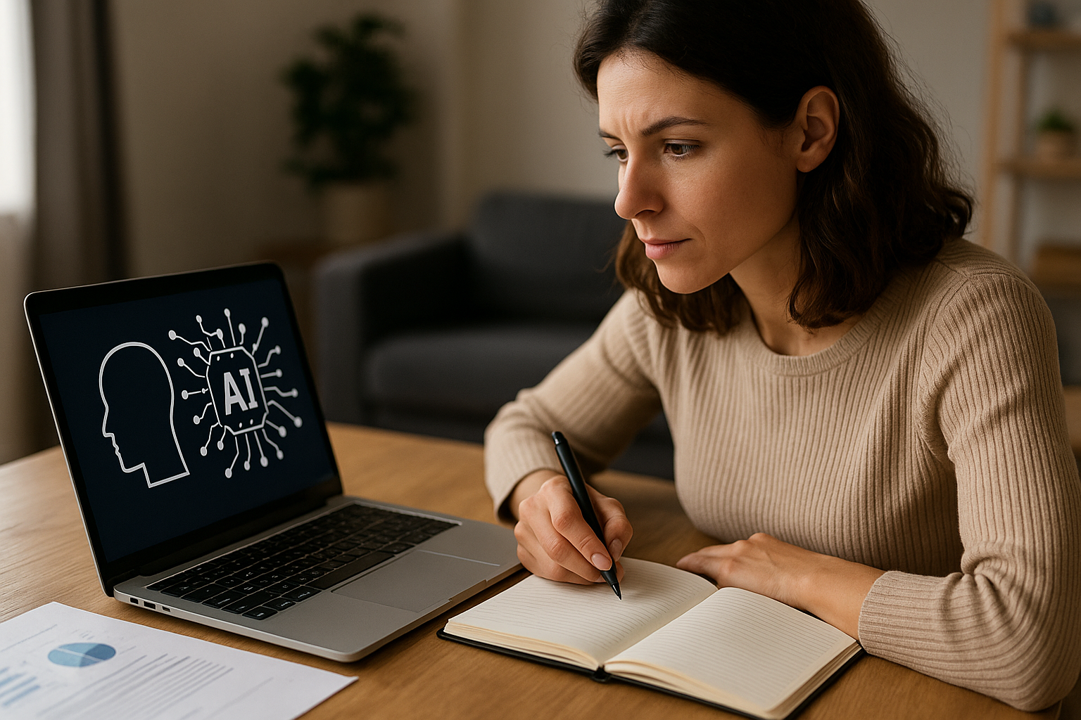 Person writing in a notebook next to a laptop displaying an AI chip connected to a human head outline.