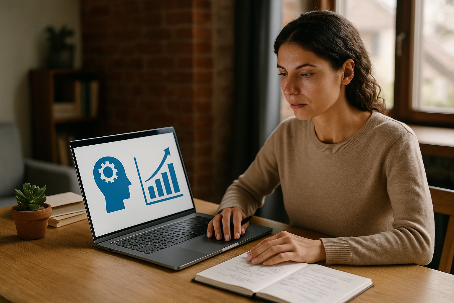 Person sitting at a desk looking at a laptop screen showing a head with gear icon and an upward trending bar graph, with an open notebook nearby.