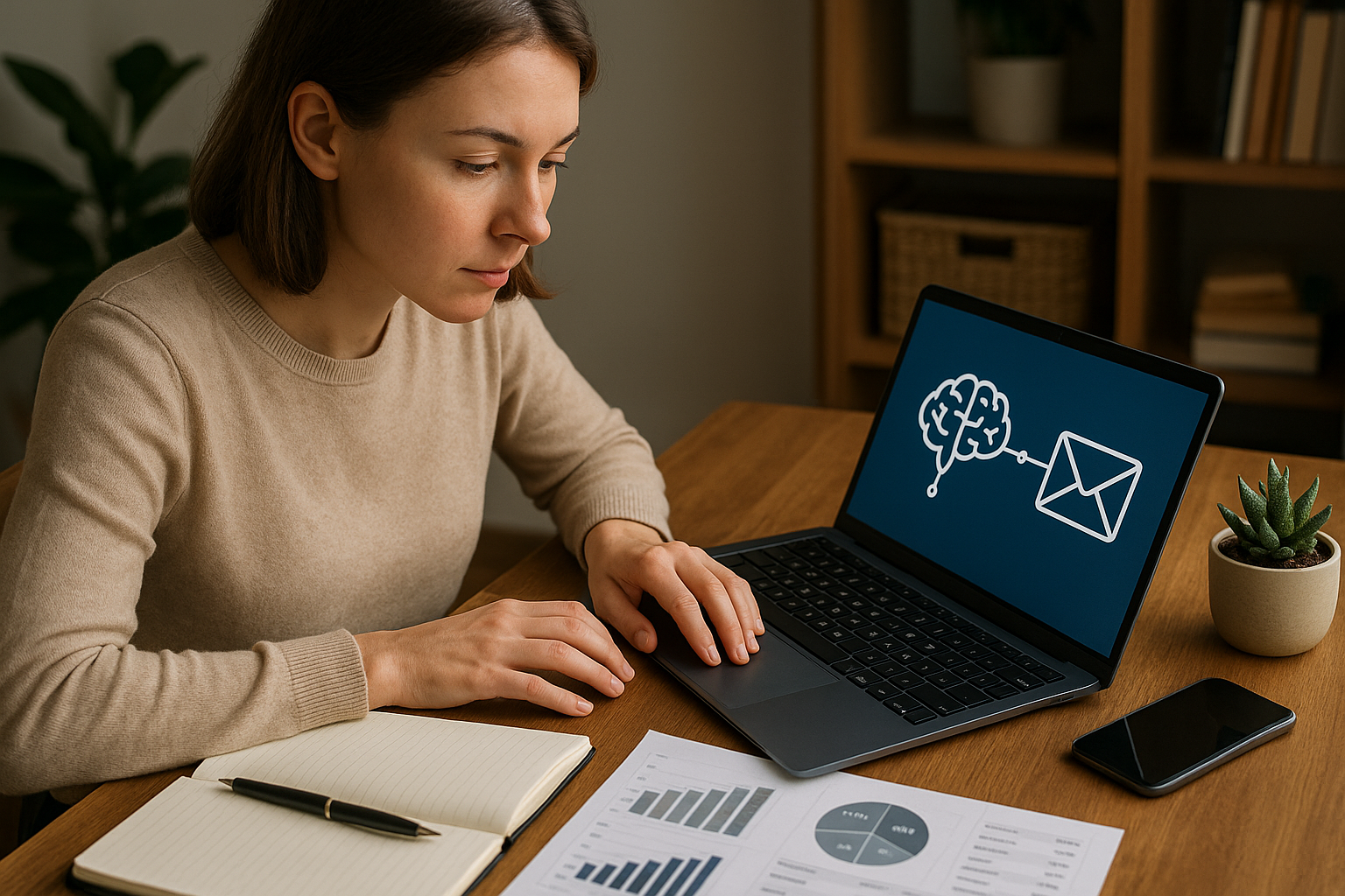 Person sitting at a table using a laptop displaying a brain connected to an envelope icon on the screen.