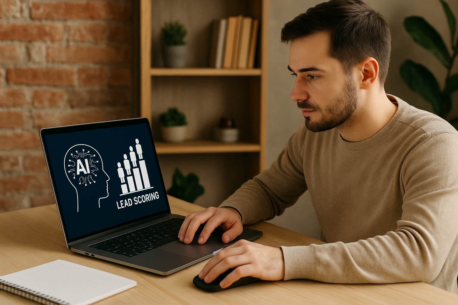Man using a laptop showing a graphic with an AI head icon and a bar chart labeled lead scoring.