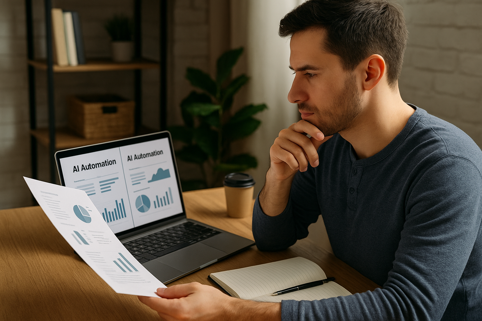 Man studying charts and graphs labeled AI Automation on paper and laptop screen at desk with notebook and coffee cup