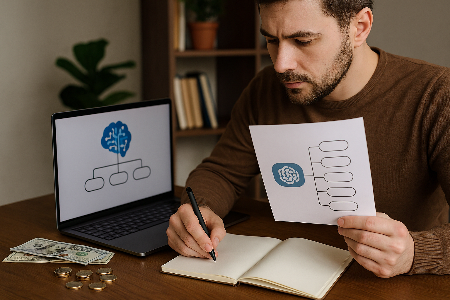Man holding a flowchart while writing in a notebook at a desk with a laptop displaying a similar diagram and money beside it.
