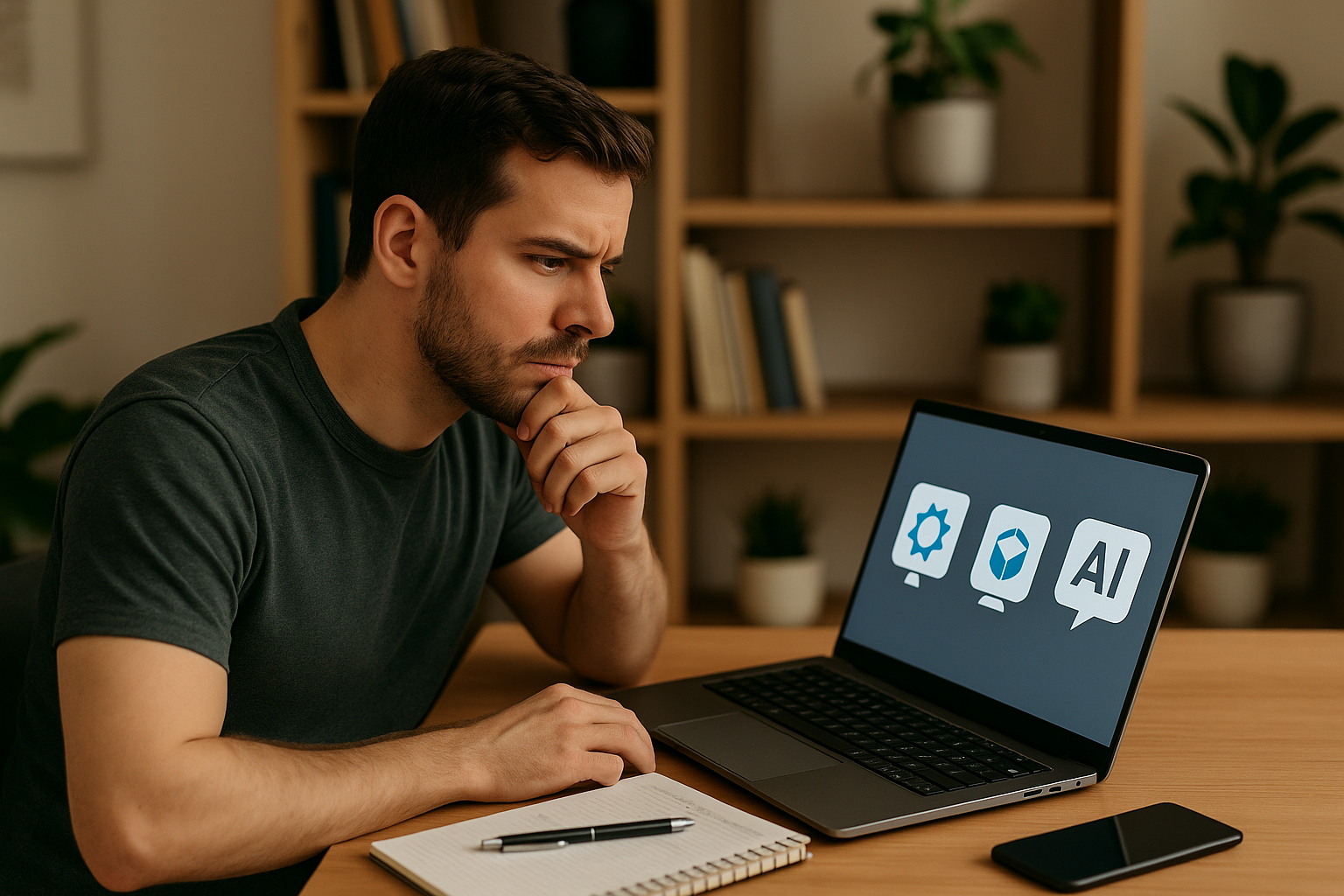 Man with a beard looking thoughtfully at a laptop screen displaying three AI-related icons, sitting at a desk with a notebook and smartphone.