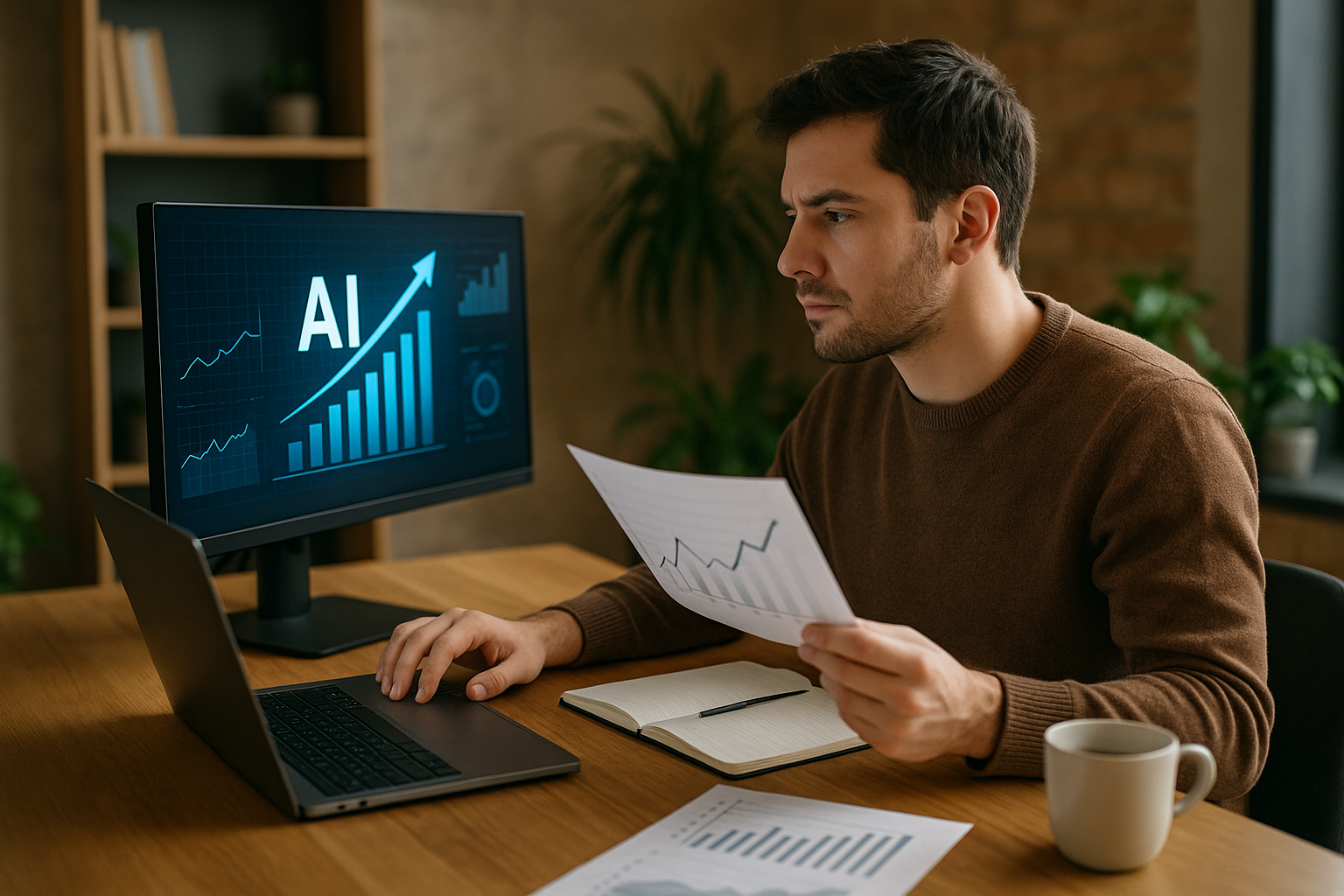 Man in brown sweater analyzing charts on paper and a computer screen displaying an upward AI graph.