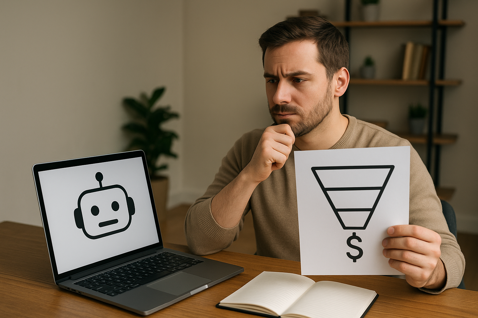 Man holding a paper with a sales funnel icon looks thoughtfully at a laptop screen displaying a robot face icon.