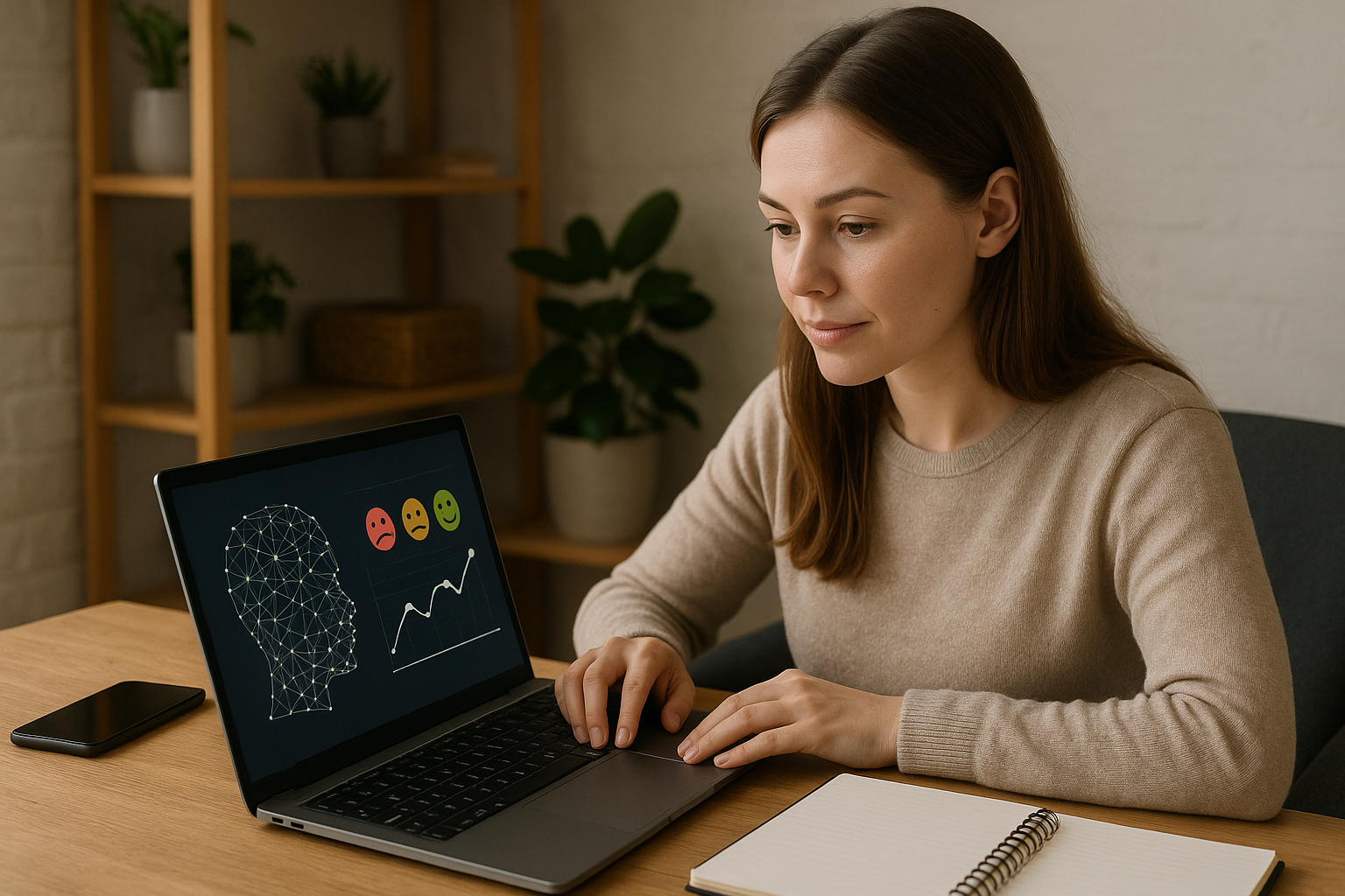Person using a laptop showing a profile with connected nodes, sentiment faces, and a line graph on screen.