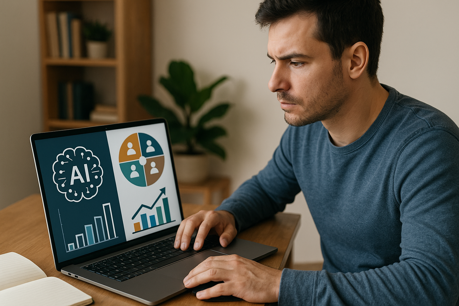 Man in blue shirt working on a laptop displaying AI brain icon, pie chart with people icons, and bar graphs on screen.
