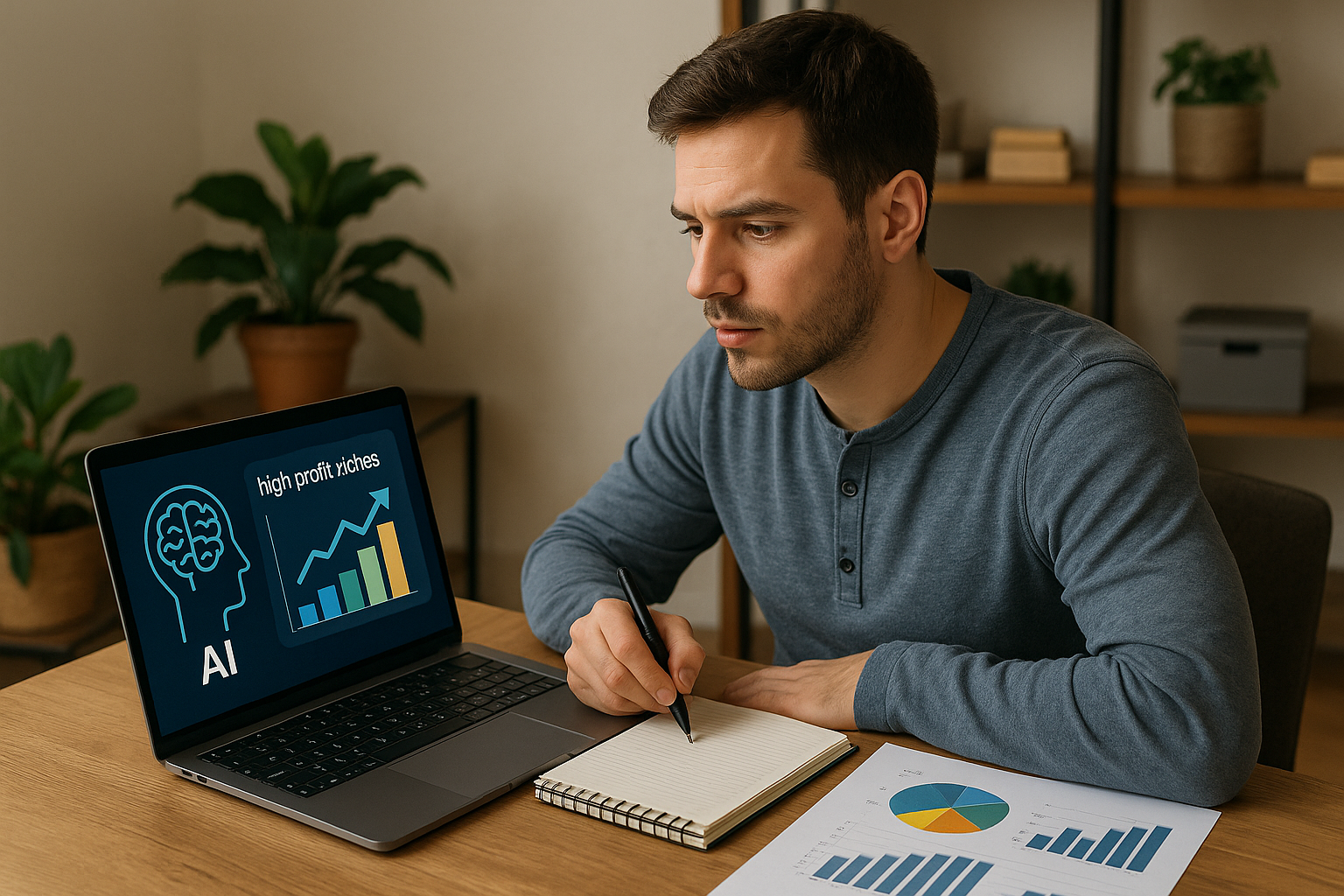 Man in a gray shirt writing in a notebook while looking at a laptop screen showing AI and a high profit niches graph.