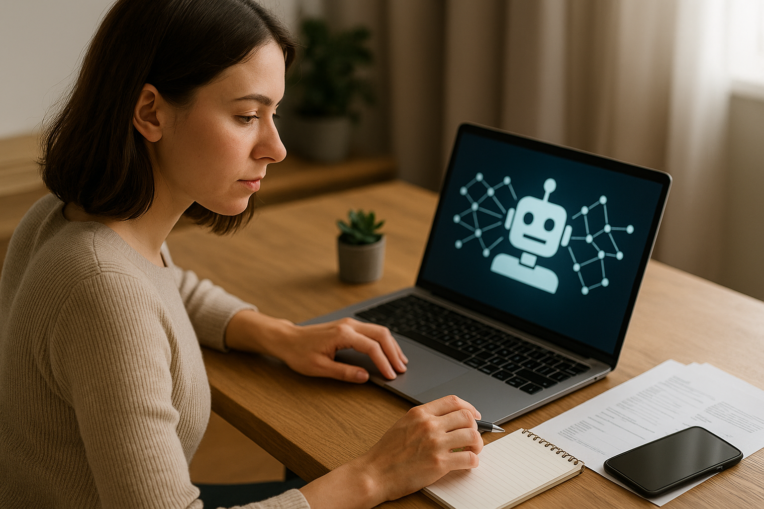 Woman sitting at a desk with a laptop showing a robot icon, holding a pen and looking at the screen.