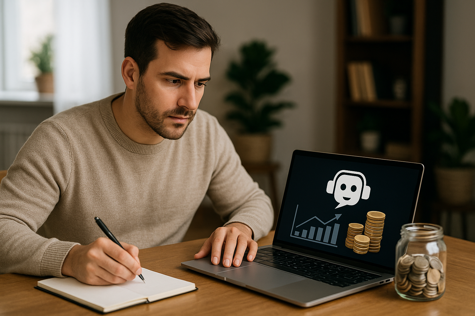 Man writing in notebook next to laptop displaying chatbot icon, growth graph, and stacked coins, with a jar of coins nearby.