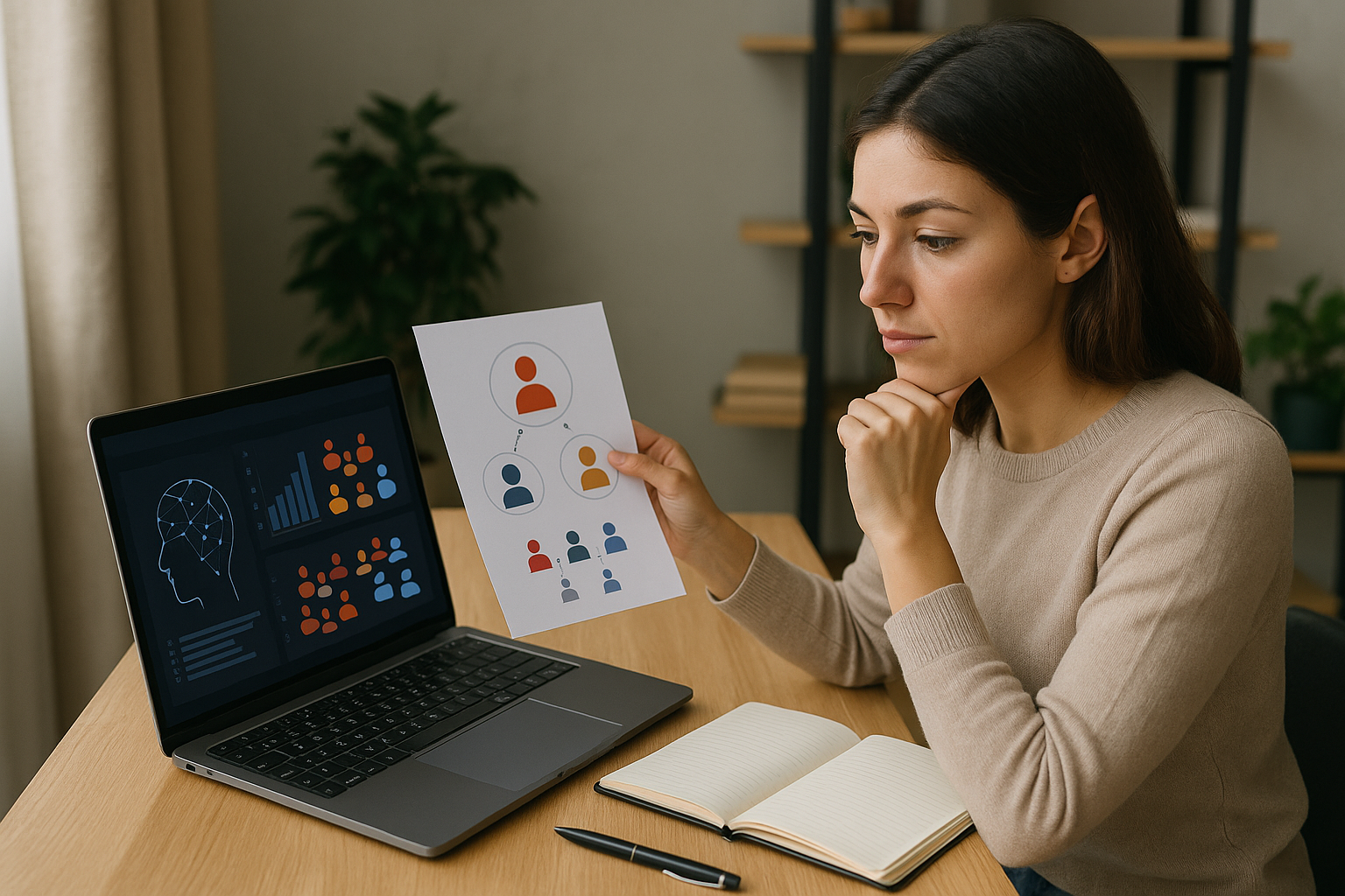 Woman studying customer segmentation charts on a laptop and holding a paper with colored user icons at a desk.