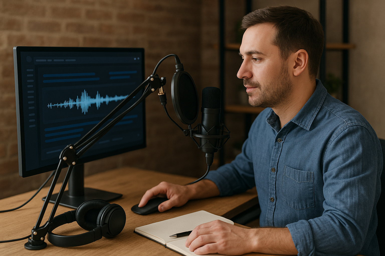 Man sitting at desk speaking into microphone with headphones nearby and audio waveform displayed on computer screen