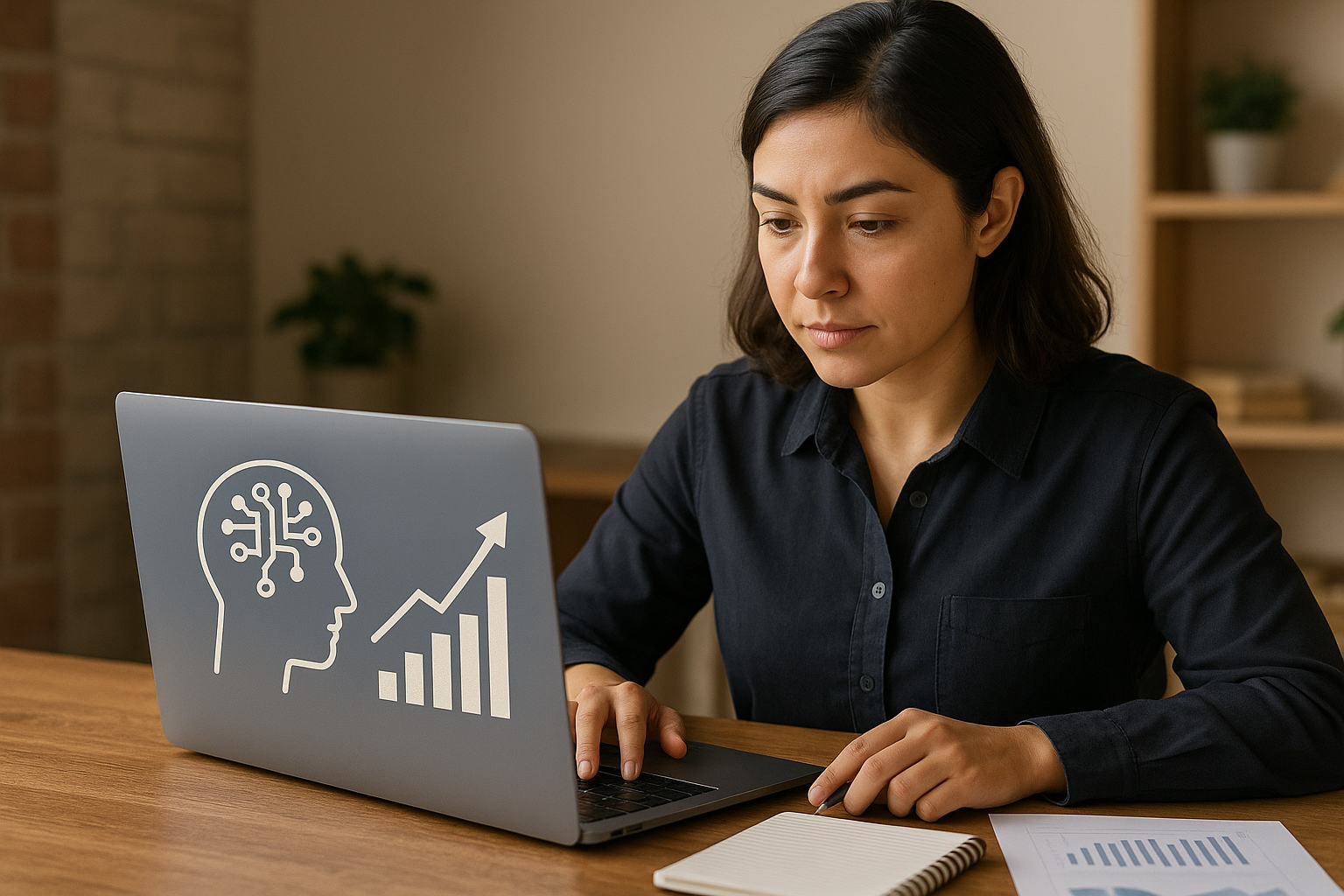 Person looking at a laptop screen with a brain circuit and upward graph icons on the laptop cover.