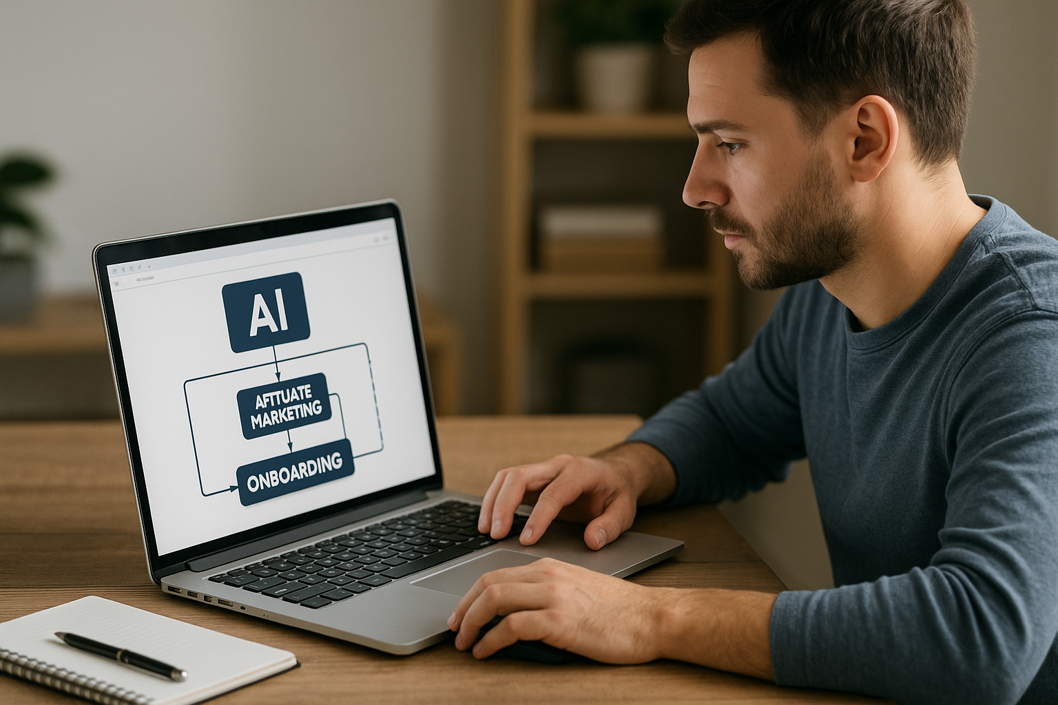 Man using laptop displaying a flowchart with AI linked to affiliate marketing and onboarding.