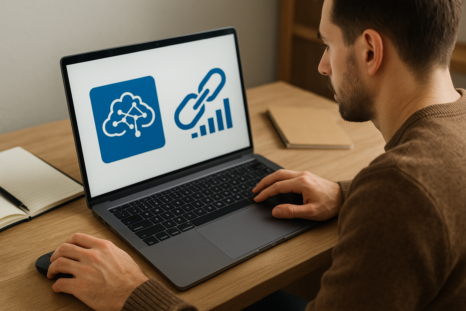 Man using a laptop displaying icons of a cloud network and a chain link with a growth chart on a wooden desk.