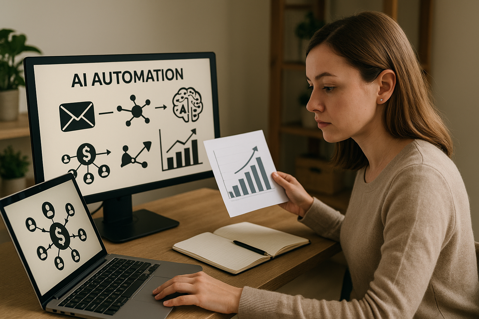 Woman sitting at a desk holding a chart with an upward trend, looking at a laptop and monitor displaying AI automation and financial icons.