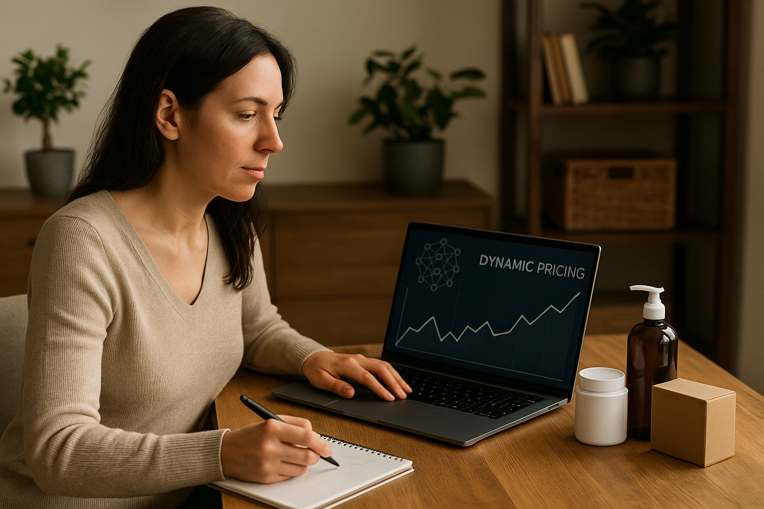 Woman sitting at a wooden table, taking notes while looking at a laptop screen showing a dynamic pricing graph.